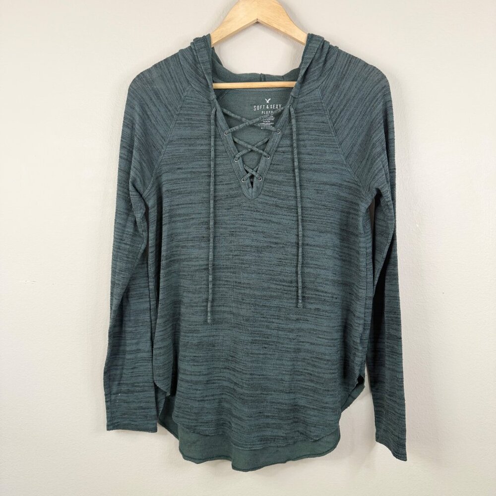 American Eagle Womens Soft & Sexy Plush Lace-Up Hooded Long Sleeve Top Size M Gr